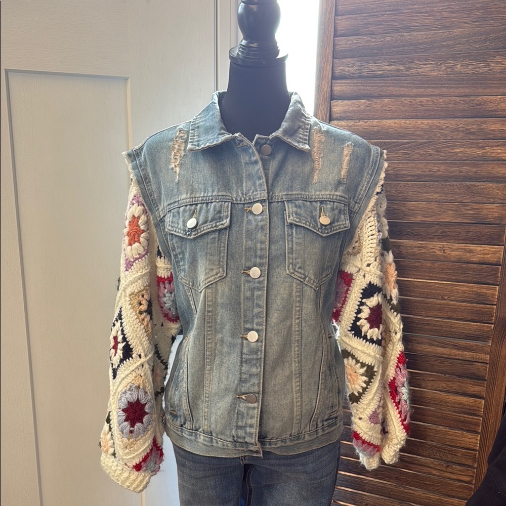 Denim Jacket with Crochet Sleeves